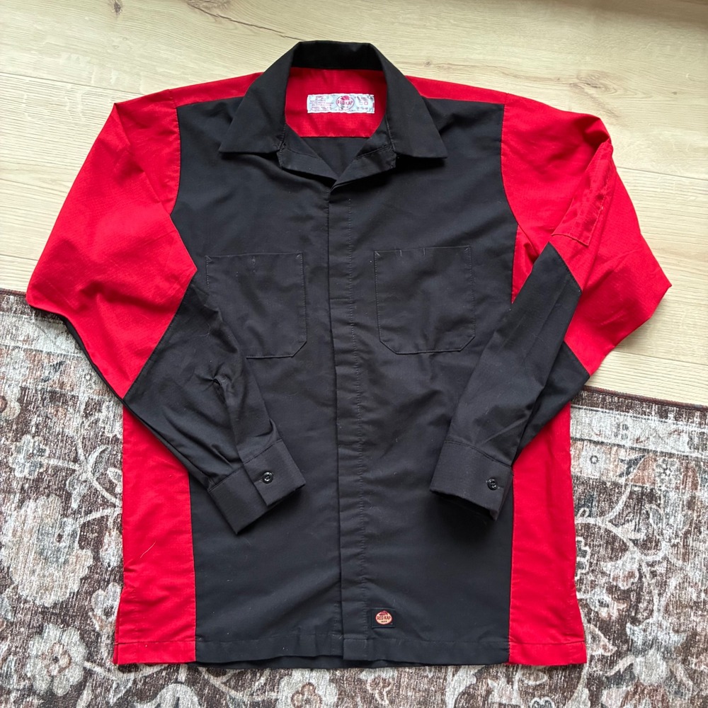 Red Kap Mens Mechanic Work Shirt Long Sleeve Colorblock Red Black SY10BR2 Medium